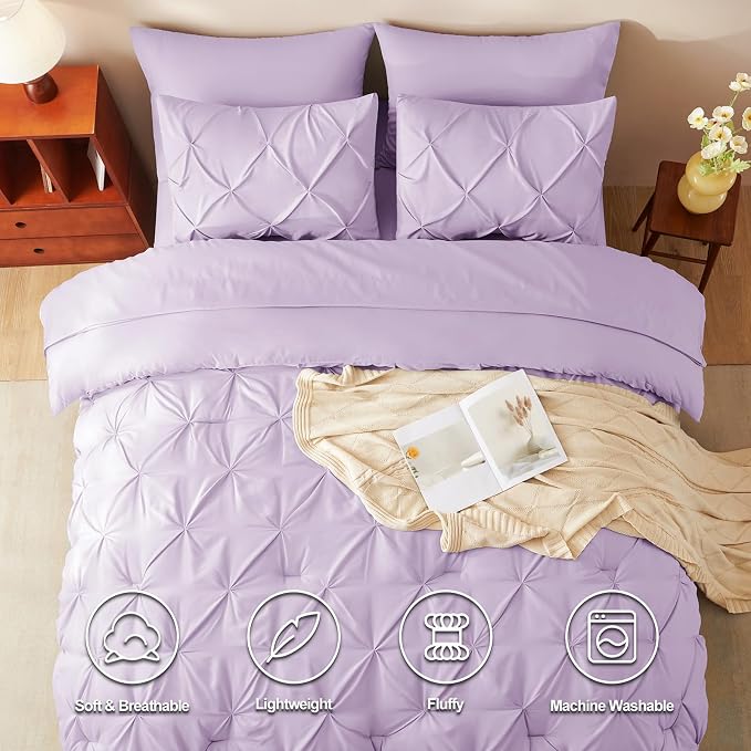 CozyLux Queen Comforter Set Lavender, 7 Pieces Pintuck Bed in A Bag, Premium - Image 2