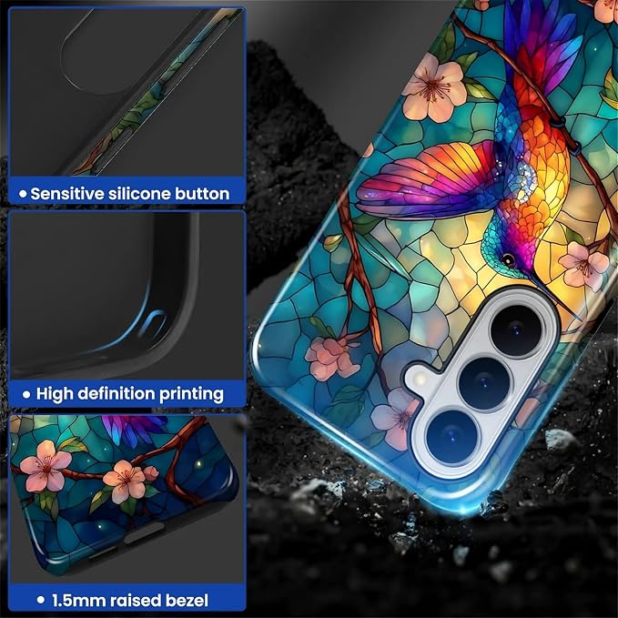 for Samsung Galaxy S26 Case, Stained Glass Hummingbird Pattern Glossy 2 in 1 - Image 4