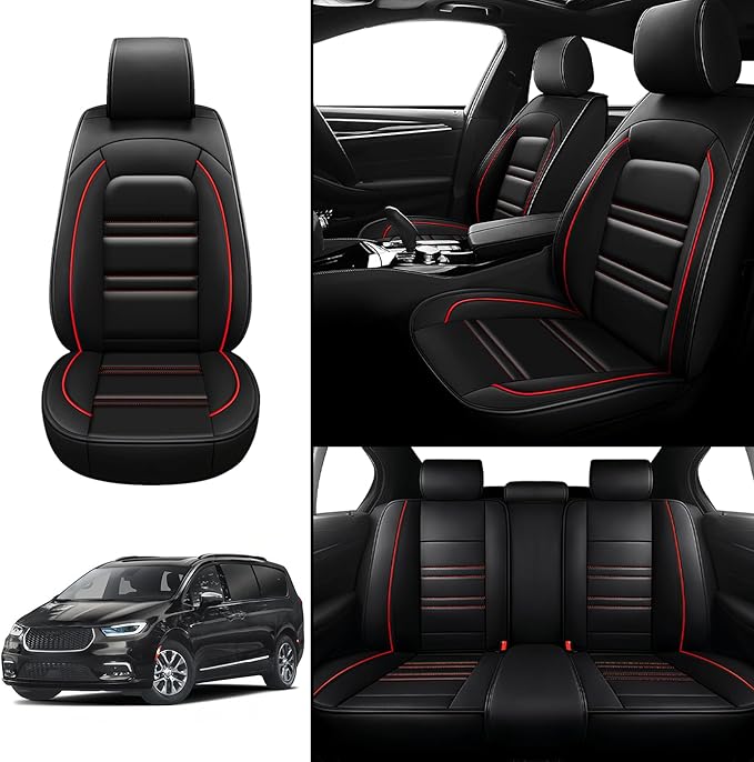 Seat Covers for Chrysler Car Pacifica 2004-2025 | 5-Seats Leather Seat Covers, Easy to Install Automotive Seat Covers Full Set (Full Set, Black&Red Line)