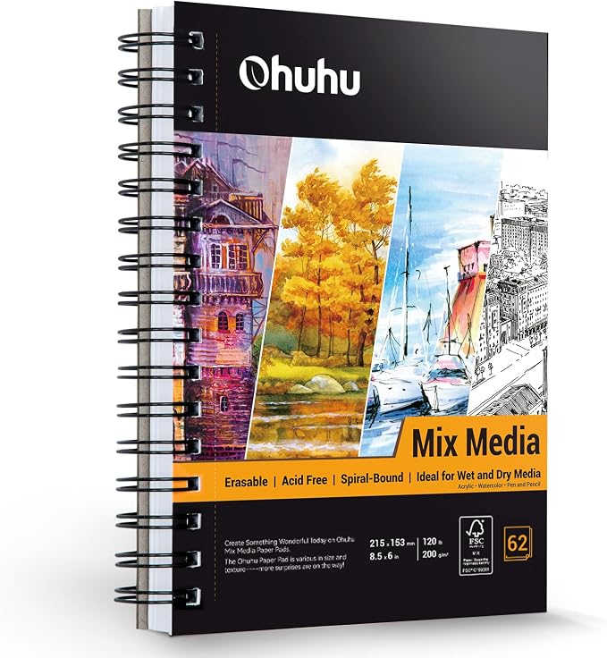 Ohuhu Mix Media Pad, 5.5" x 8.5" Mixed Media Art Sketchbook, 120 LB/200 GSM by Ohuhu