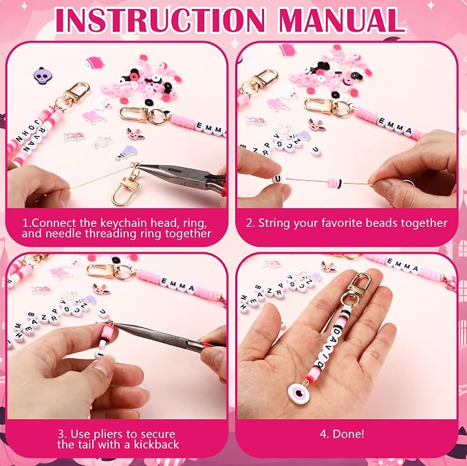 Tondiamo 2823 Pcs Pink Halloween Bead Keychain DIY Craft Making Kit Key Ring - Image 3