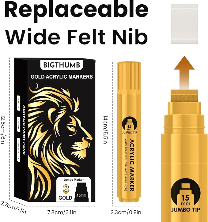 BIGTHUMB 3 Pcs Gold Jumbo Permanent Markers: 15mm Wide Tip Thick Acrylic Paint - Image 5