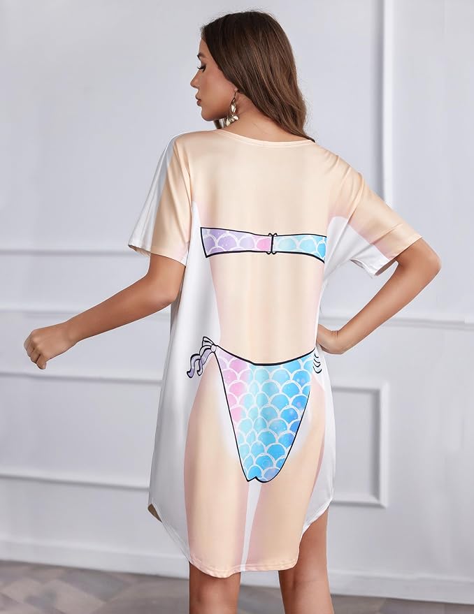 Ekouaer Women's Bikini Shirt Cover Up Short Sleeve Cute Bikini Print Cover-Up - Image 2