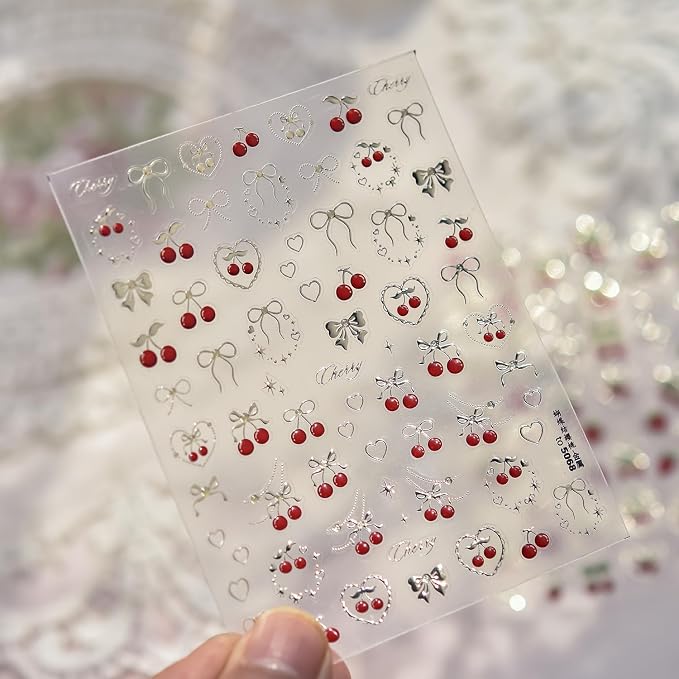 Cherry Nail Art Stickers Summer Cherry Nail Stickers 5D Embossed Gold Cherries - Image 3
