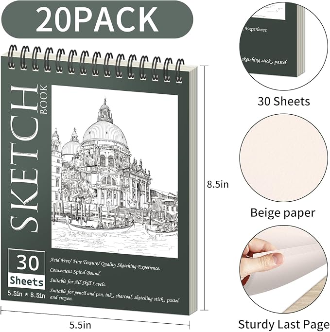 OSIMIG 20 Pack Sketch Books 5.5" x 8.5", Top Spiral Bound Sketch Pad, Mini - Image 2
