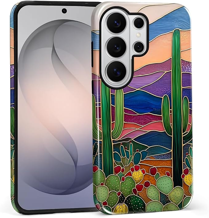 for Samsung Galaxy S26 Ultra Case, Stained Glass Cactus Pattern Glossy 2 in 1 by Teonvpu