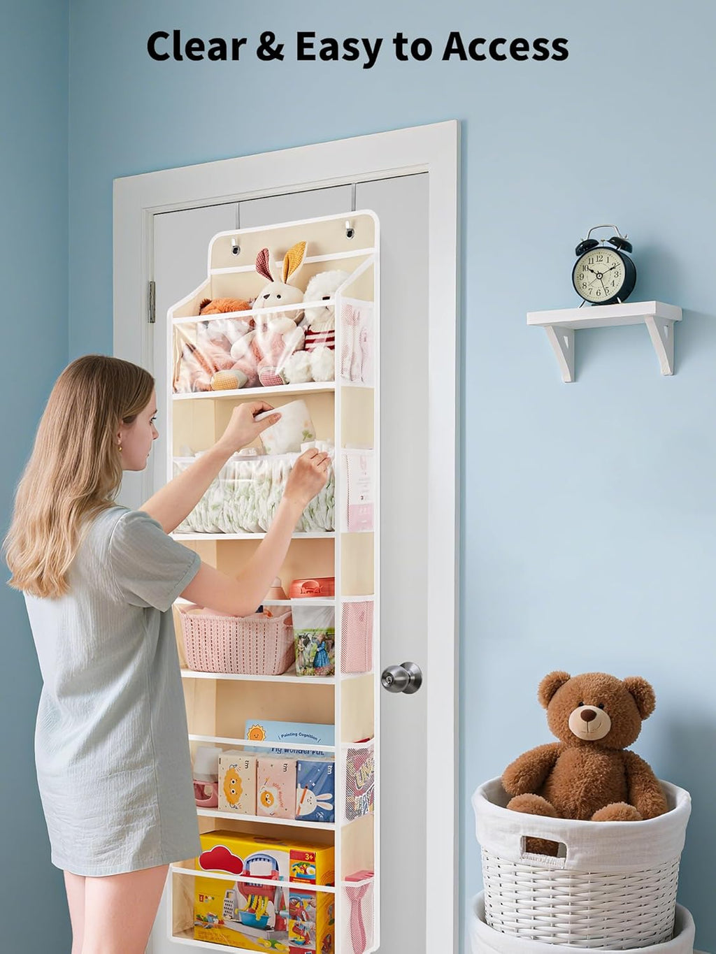 JARLINK 2 Pack Toy Stuffed Animal Storage, Over The Door Organizer W/Clear View Windows, 44lb Load, Baby Toy Storage Organizer for Nursery, Kid Bedroom, Newborn Baby Essentials (Beige)