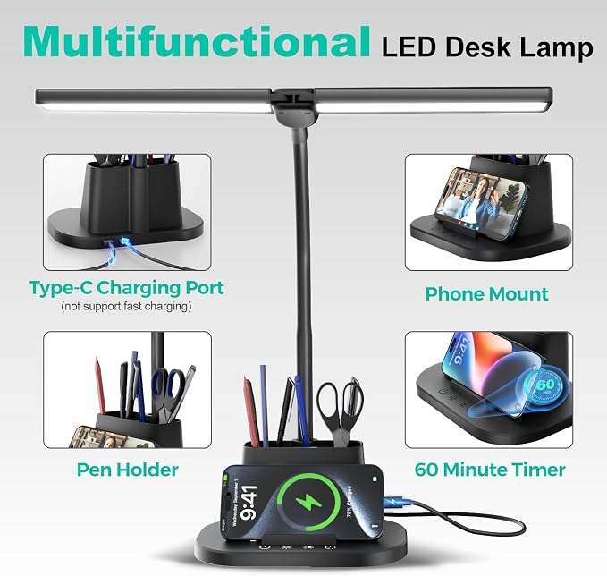 Desk Lamp with USB-C Charging Port and Organizer Base, LED Desk Light with Pen - Image 3