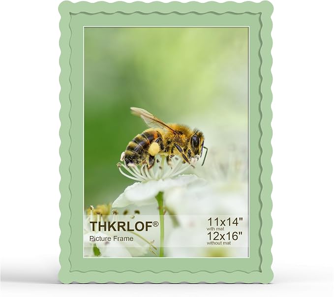 12x16 Picture Frame with Mat for 11x14, Wavy Edge Wooden Real Glass Photo Frame by THKRLOF