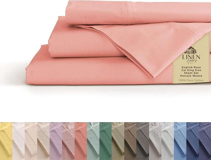 Linen Home 100% Cotton Percale Sheets California King Size, English Rose by LINENHOME