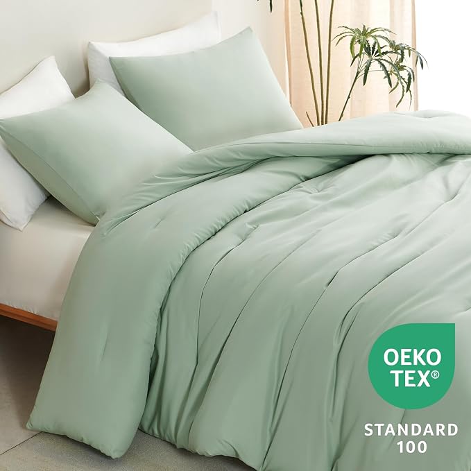 CozyLux Full Size Comforter Set Sage Green, 3 Pieces Solid Breathable Quilted - Image 4