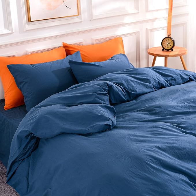 NEXHOME PRO Duvet Cover Set Queen Size Linen Feel Textured Navy Organic Natural - Image 3