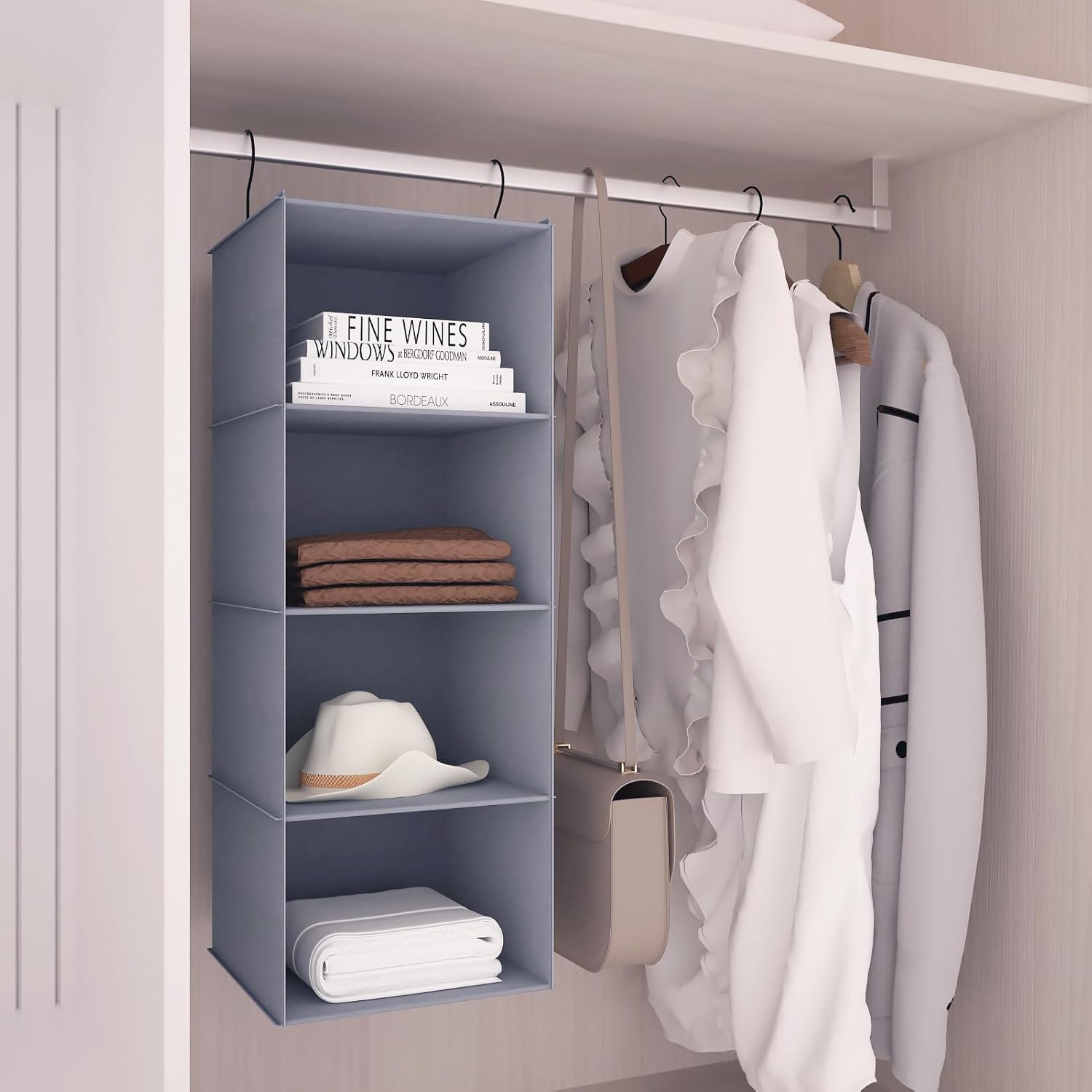 Hanging Closet Organizer, Easy Mount Foldable 4-Shelf Hanging Closet Wardrobe Storage Shelves, Clothes Handbag Shoes Accessories Storage, Washable Oxford Cloth Fabric, Gray