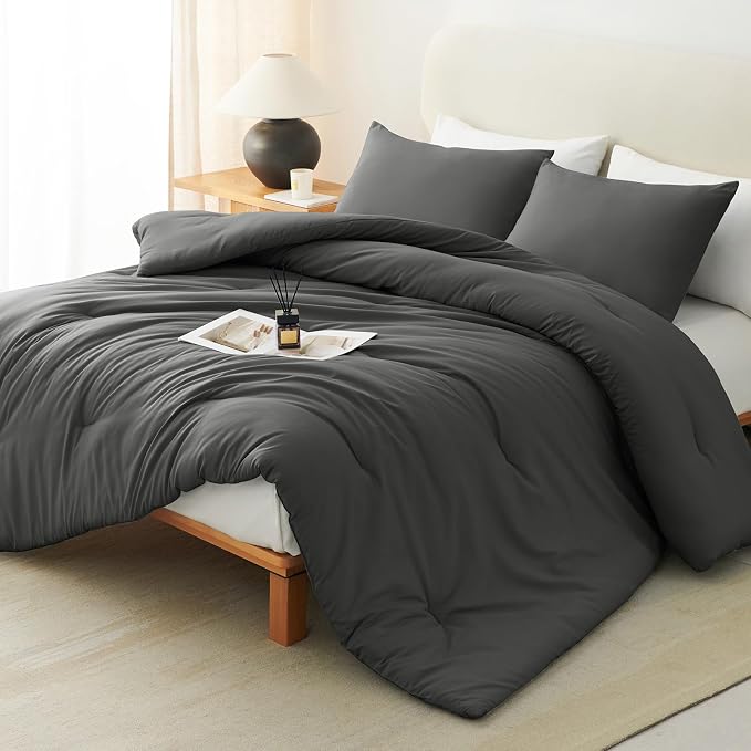 CozyLux King Size Comforter Set Dark Grey, 3 Pieces Solid Comforters King Size by CozyLux