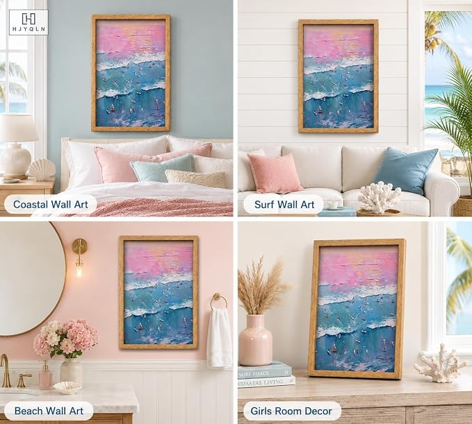 Framed Pink Beach Canvas Wall Art, Pastel Surfing Painting Picture Wall Decor - Image 6
