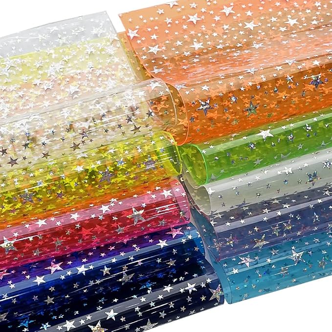 XHT 10 Pcs Sparkle PVC Vinyl Fabric, 8.3"x11.8" Clear Laser Star Printed - Image 4