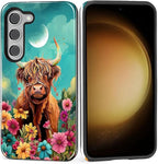 for Samsung Galaxy S23 Case, Highland Cow Flower Pattern Glossy 2 in 1 by Teonvpu