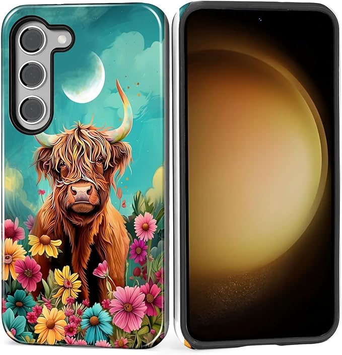 for Samsung Galaxy S23 Case, Highland Cow Flower Pattern Glossy 2 in 1 by Teonvpu