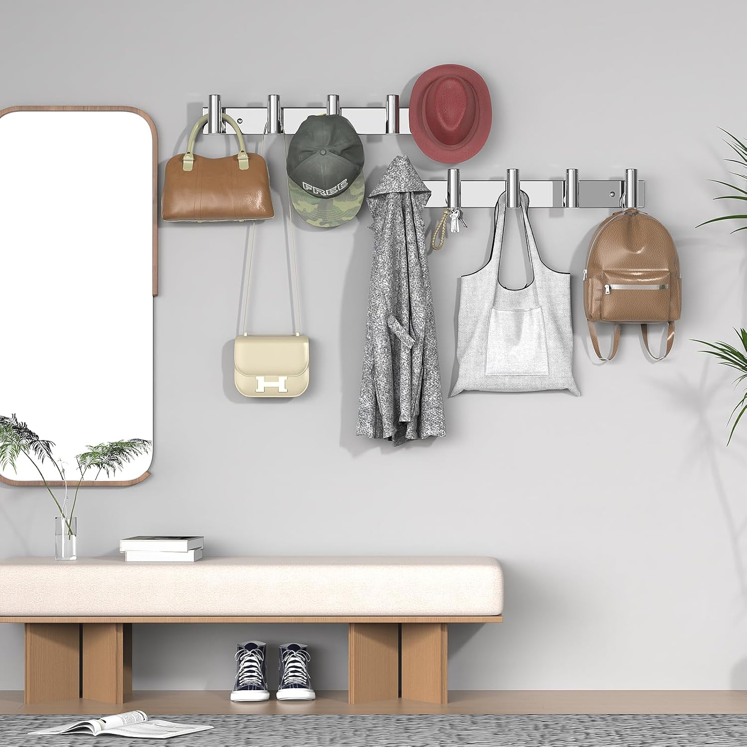 VAEHOLD Hat and Coat Wall Mount Rack - Hooks for Robes, Bags, Keys, and Towels - Bathroom Towel Hanger Organizer (Polished Chrome, “T“ Shape 5 Hooks 2 Pack)