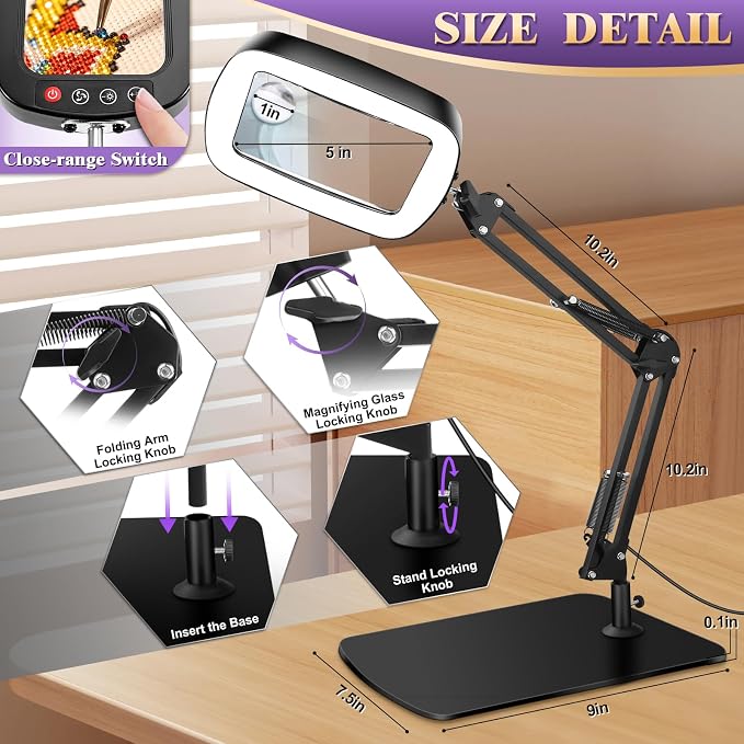 10X 30X Magnifying Glass with Light and Stand, Large Desk Lamp Magnifiers | - Image 7