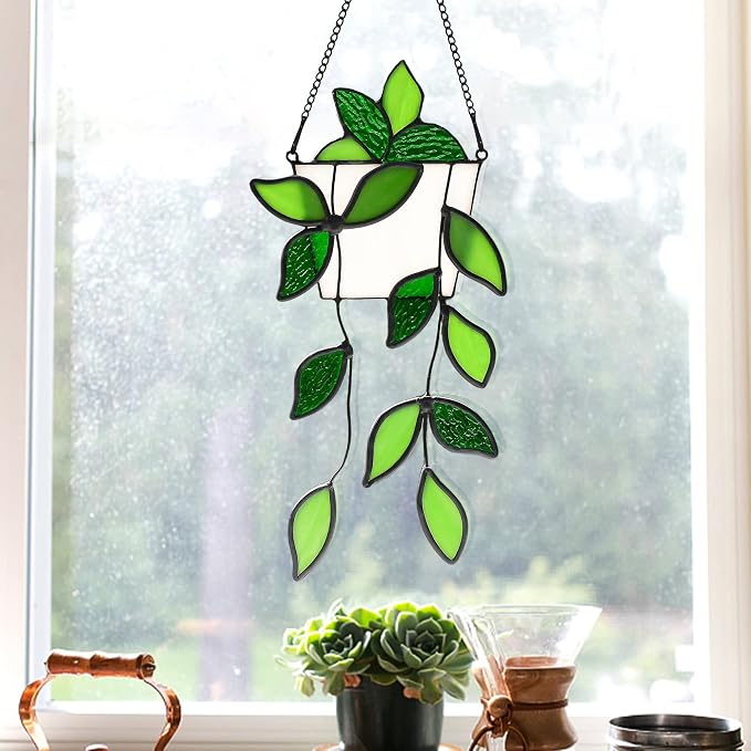 BOXCASA Plant Stained Glass Window Hanging Handmade Green Suncatcher Gift | - Image 4