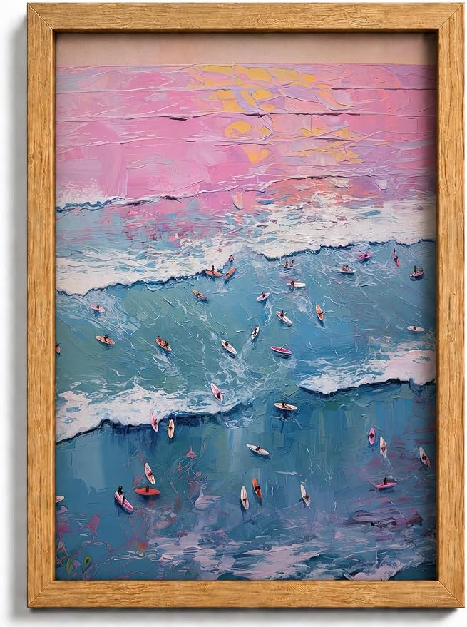 Framed Pink Beach Canvas Wall Art, Pastel Surfing Painting Picture Wall Decor by HJYQLN
