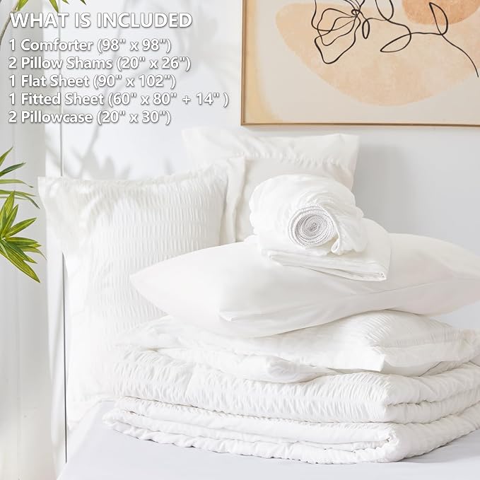 CozyLux Oversized Queen Comforter Set White Seersucker 7 Pieces 98x98 Bed in a - Image 6