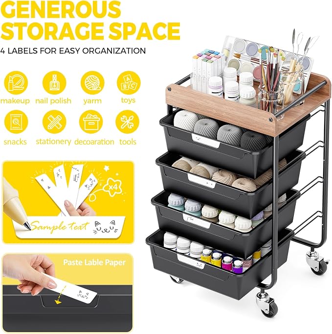 SYKIARIOL Utility Cart with 4 Labeling Drawers and Wooden Tabletop – Rolling - Image 4