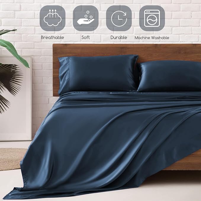 MR&HM Satin Bed Sheets with Elastic Corner Straps, King Size Sheets Set - Image 5