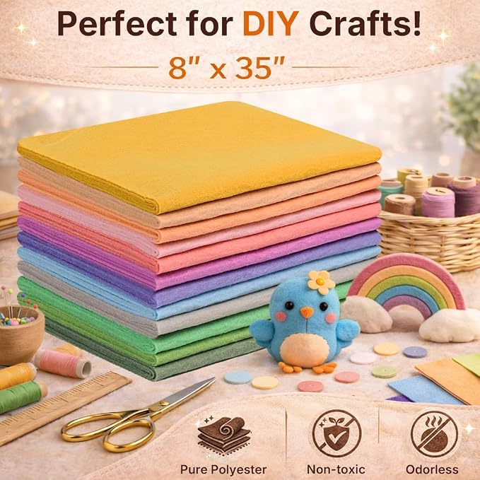 Large Stiff Felt Sheets 8"x35" – 12 Assorted Colors Felt Fabric Bundle Pack - Image 4