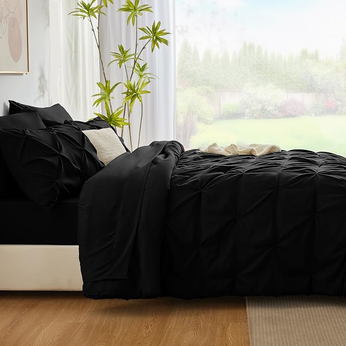 CozyLux King Size Comforter Set Black, 7 Pieces Pintuck Bed in A Bag Black - Image 9