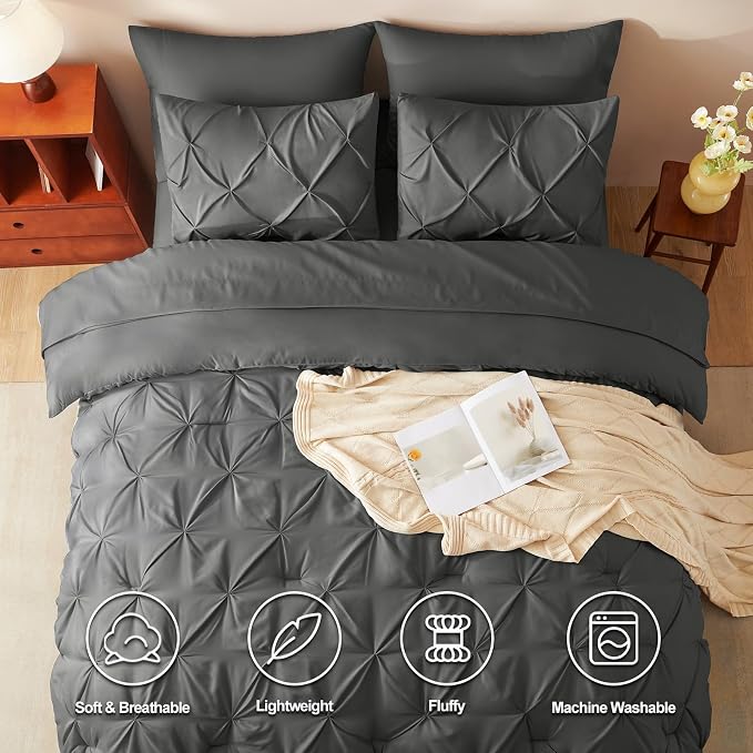 CozyLux King Size Comforter Set Dark Grey, 7 Pieces Pintuck Bed in A Bag Gray - Image 2