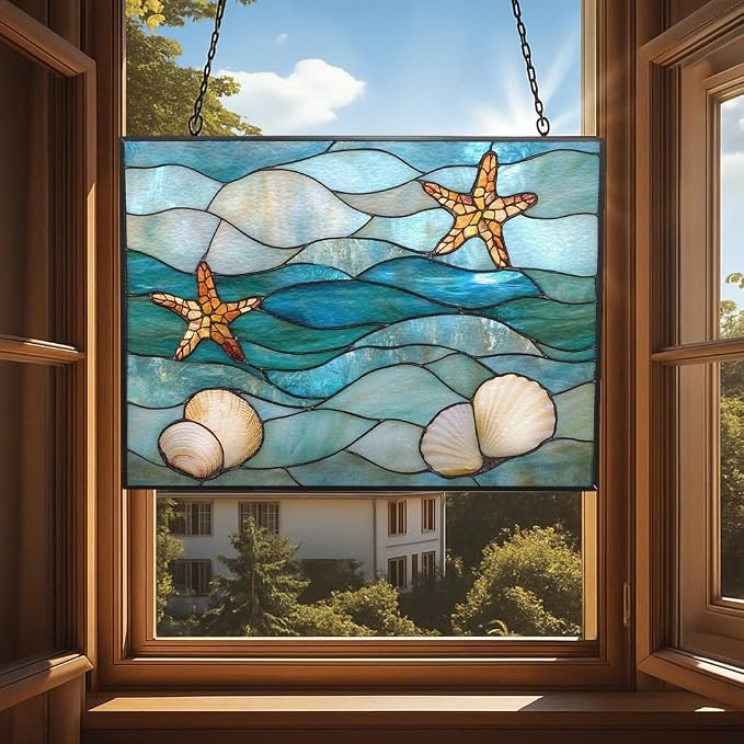 Stained Glass Window Hanging, Abstract Ocean Waves Sun Catchers Diamond Glass - Image 4