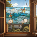 Stained Glass Window Hanging, Abstract Ocean Waves Sun Catchers Diamond Glass - Image 4