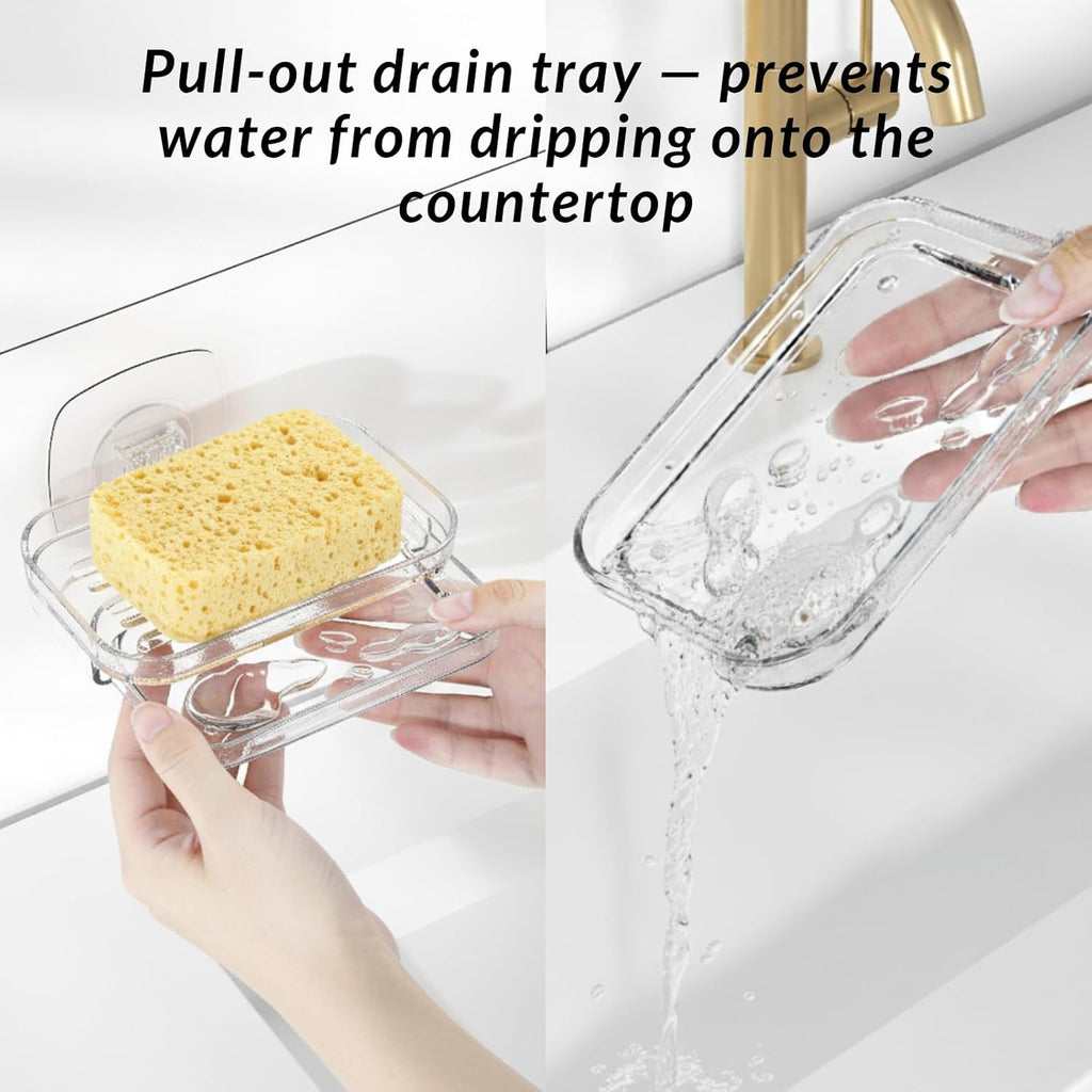 Toro Adhesive Sponge Holder for Kitchen Sink with Drain Tray, Clear PET Wall-Mounted Sponge Caddy