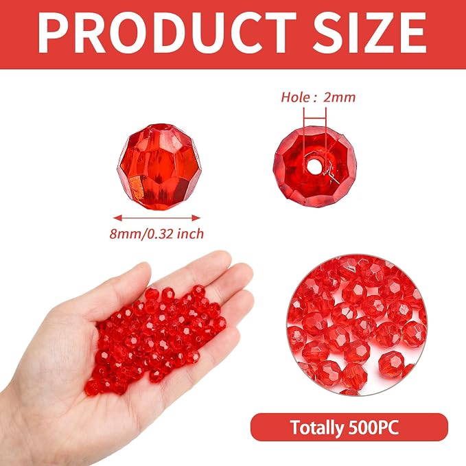 BONNY BOXX 500pcs 8mm Acrylic Faceted Round Crystal Beads Transparent Red Loose - Image 2