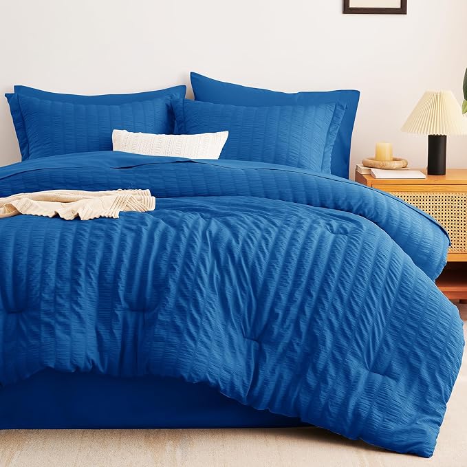 CozyLux Queen Comforter Set Classic Blue Seersucker 7 Pieces Bed in a Bag Queen - Image 9