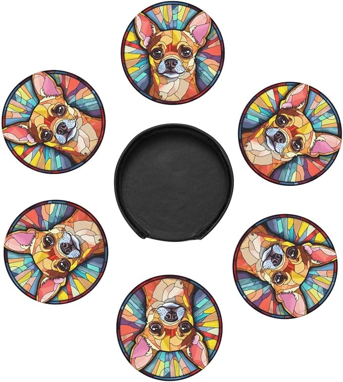 Drink Coaster Set of 6, Chihuahua Dog Mom Lover Gift, Leather Drink Coasters - Image 4