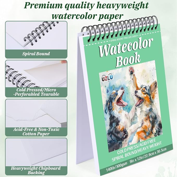 UZLU 6 Pack Watercolor Paper Pads, 9 x 12 Inch, 180 Sheets Total | 140 lb/300 - Image 3