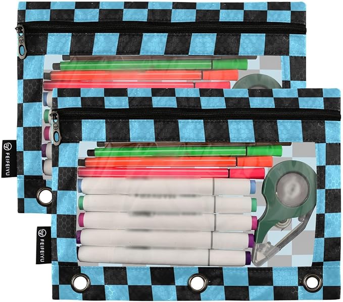 Custom Black Blue Checkered Pattern Pencil Pouch - Image 2
