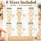 60Pcs Wooden Mushrooms, 6 Sizes of Natural Unfinished Wooden Mushroom, Wood - Image 2