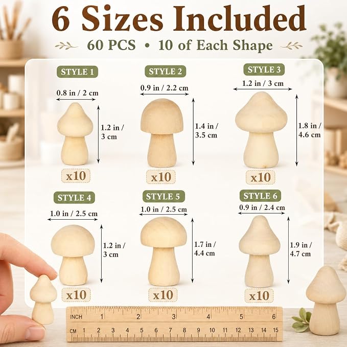 60Pcs Wooden Mushrooms, 6 Sizes of Natural Unfinished Wooden Mushroom, Wood - Image 2