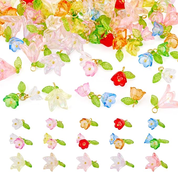 FASHEWELRY 21Pcs 7 Colors Transparent Acrylic Flower Charms 28mm Crystal Clear by FASHEWELRY