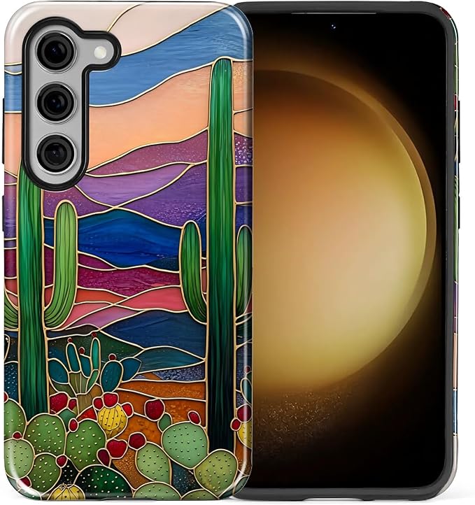 for Samsung Galaxy S23 Case, Stained Glass Cactus Pattern Glossy 2 in 1 - Image 2