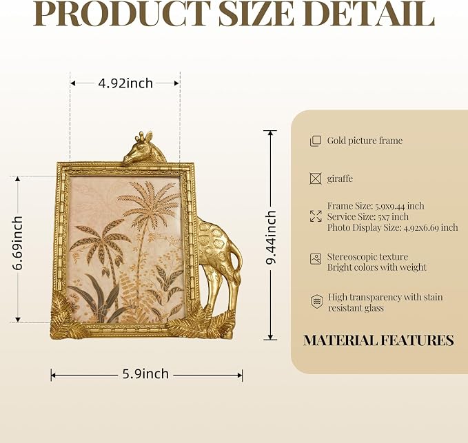 Cuspin 5x7 Gold Picture Frame, Ornate Vintage Resin Frames Decorative Giraffe - Image 5