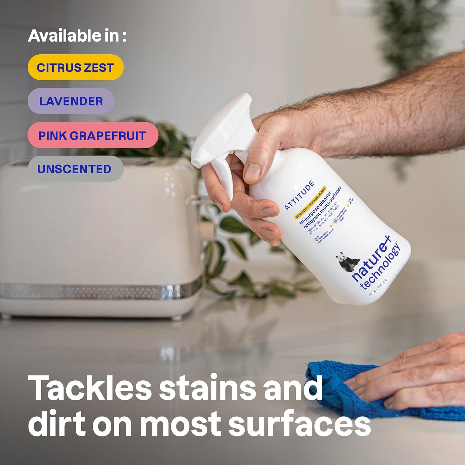 ATTITUDE All Purpose Cleaner Spray, EWG Verified, Vegan, Made with 94% Plant-Based Ingredients, Streak-Free for Kitchen, Bathroom, Glass & More, Citrus Zest Scent, 27.1 Fl Oz