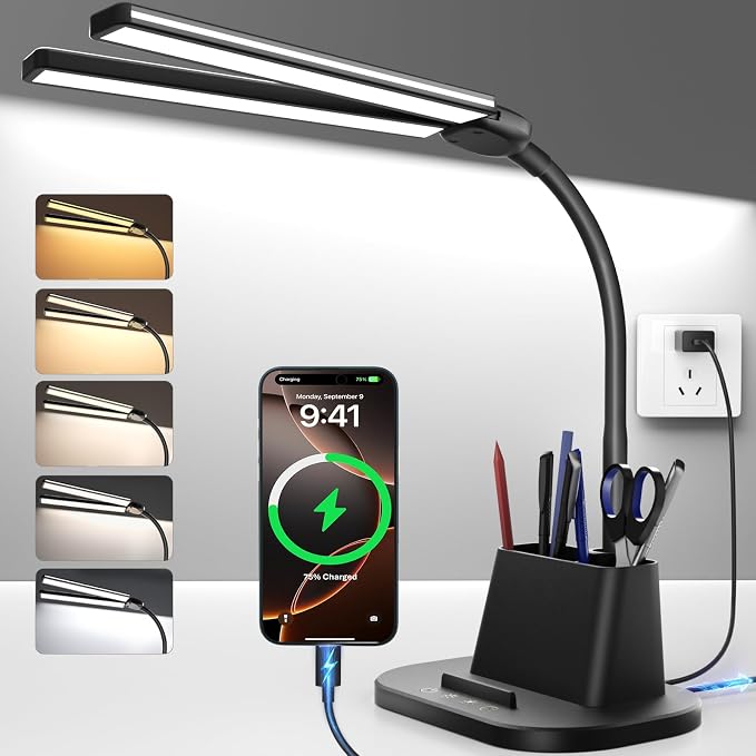 Desk Lamp with USB-C Charging Port and Organizer Base, LED Desk Light with Pen by Airlonv