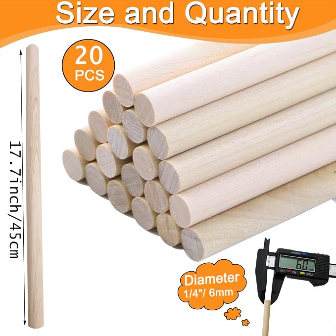 Yaliuliu 1/4 x 17.7 Inch 20PCS Wood Dowel Rods, Round Solid Wooden Dowels Craft - Image 2