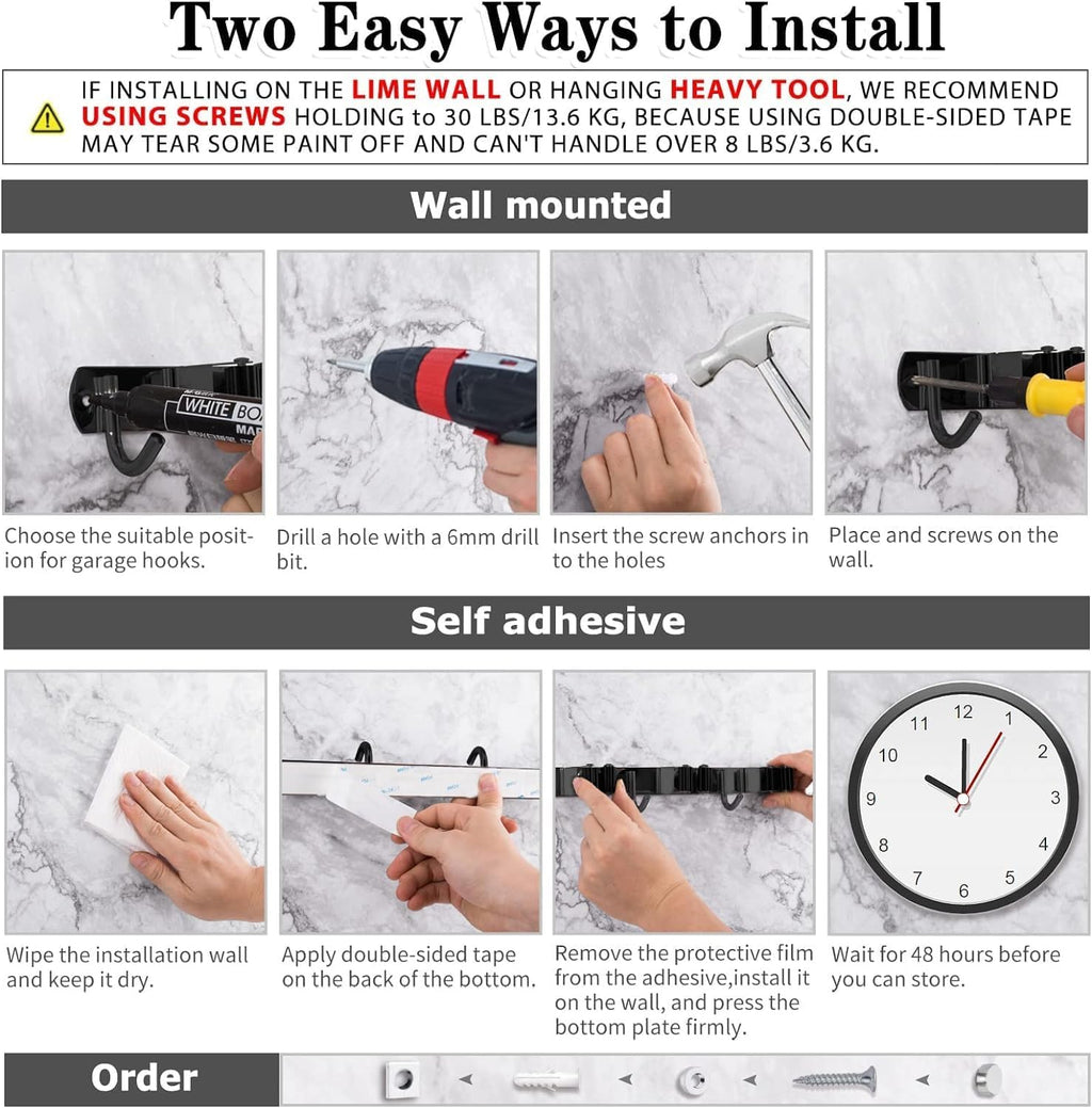 Black 5 Racks and 4 Hooks Mop and Broom Holder Wall Mount, Broom Organizer Storage Tool Racks Stainless Steel Heavy Duty Hooks Self Adhesive Solid Non-slip for Home Kitchen Garden Laundry Garage