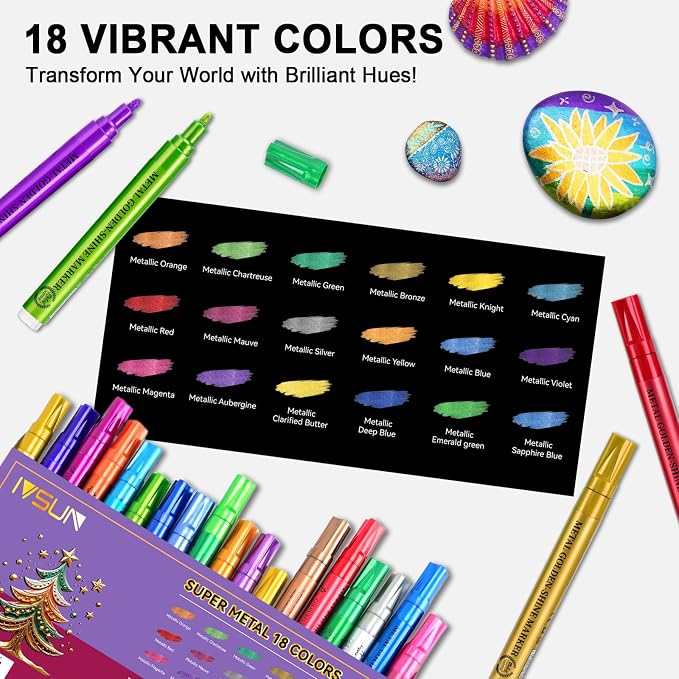 IVSUN Metallic Markers, 18 Colors Glitter Acrylic Gold Paint Pens | Super - Image 2